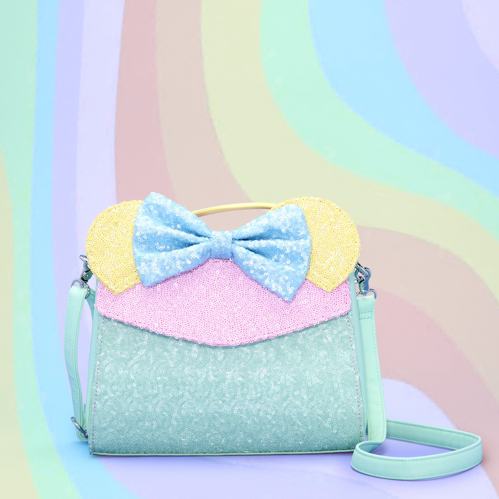 Pastel sequin crossbody bag with color block style of pink, green, blue, and yellow